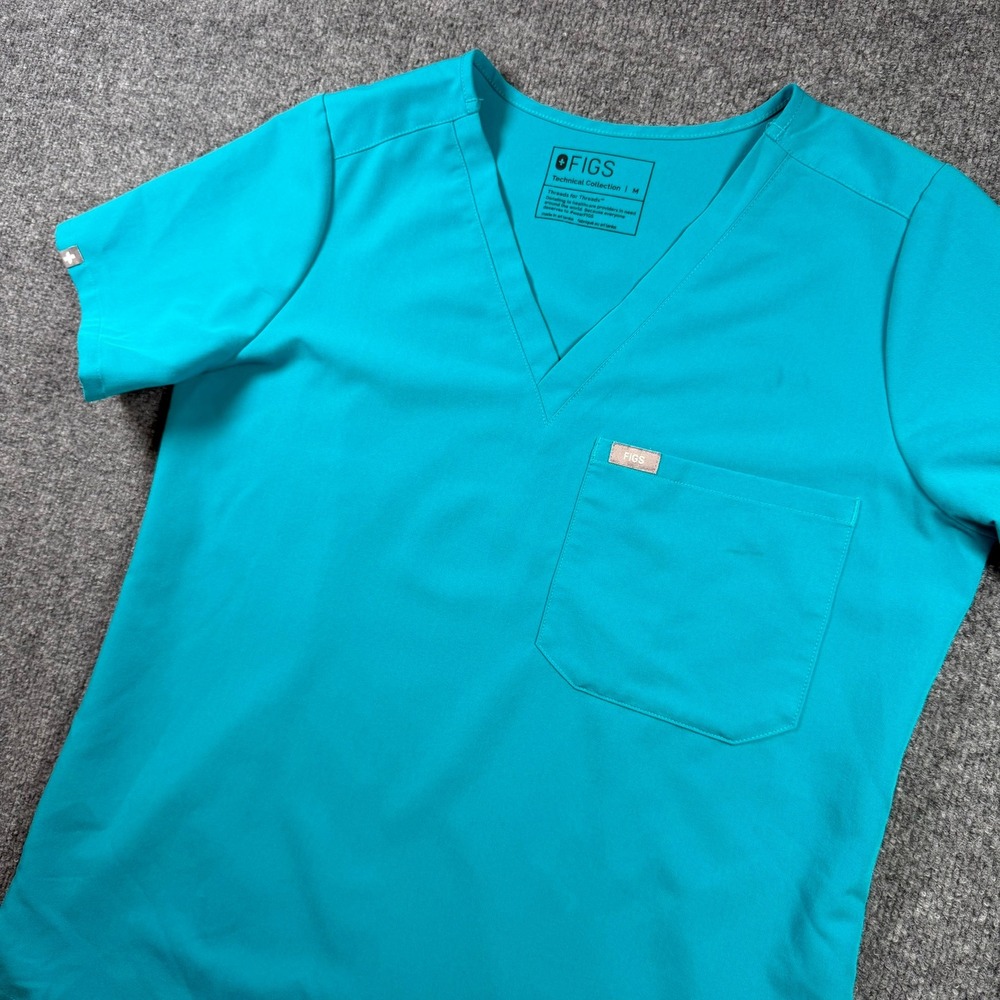 Figs Catarina Scrub Top Womens M Teal Blue V-Neck Single Pocket Technical FW1000